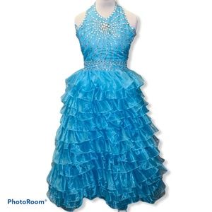 Blue halter style ruffle chiffon blue pageant gown